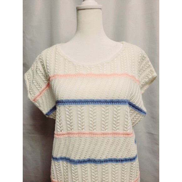 Vintage 80s Open Knit Striped Sweater Shirt Womens Medium Oversized Top - Picture 3 of 10